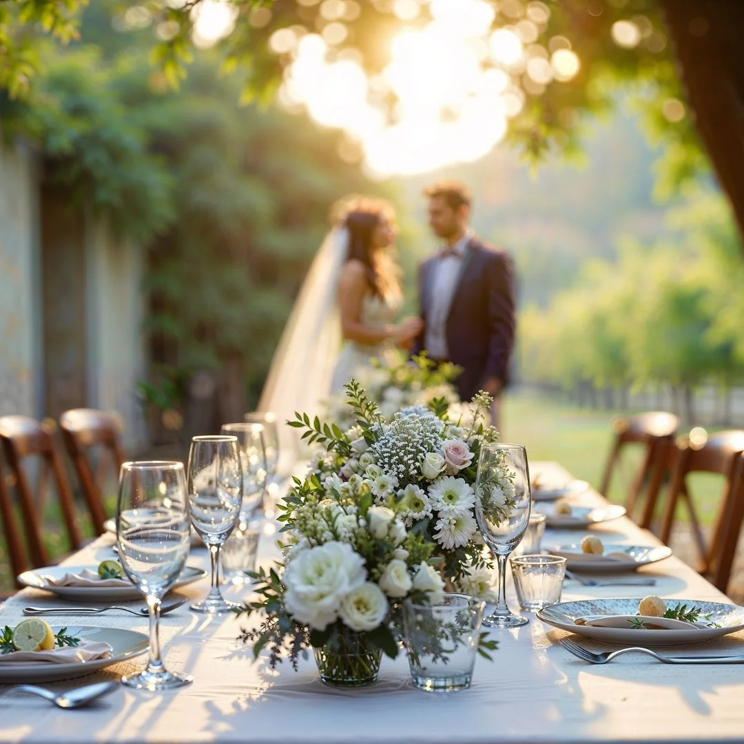 Elegant wedding table with flowers in warm evening light